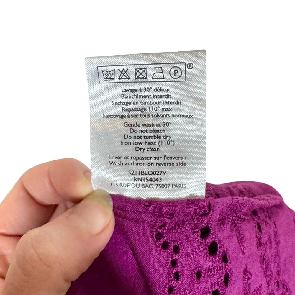 Sezane Elsa Blouse Eyelet Embroidered Ruffled Openwork in Purple Violet sz36/US4 - Picture 11 of 13